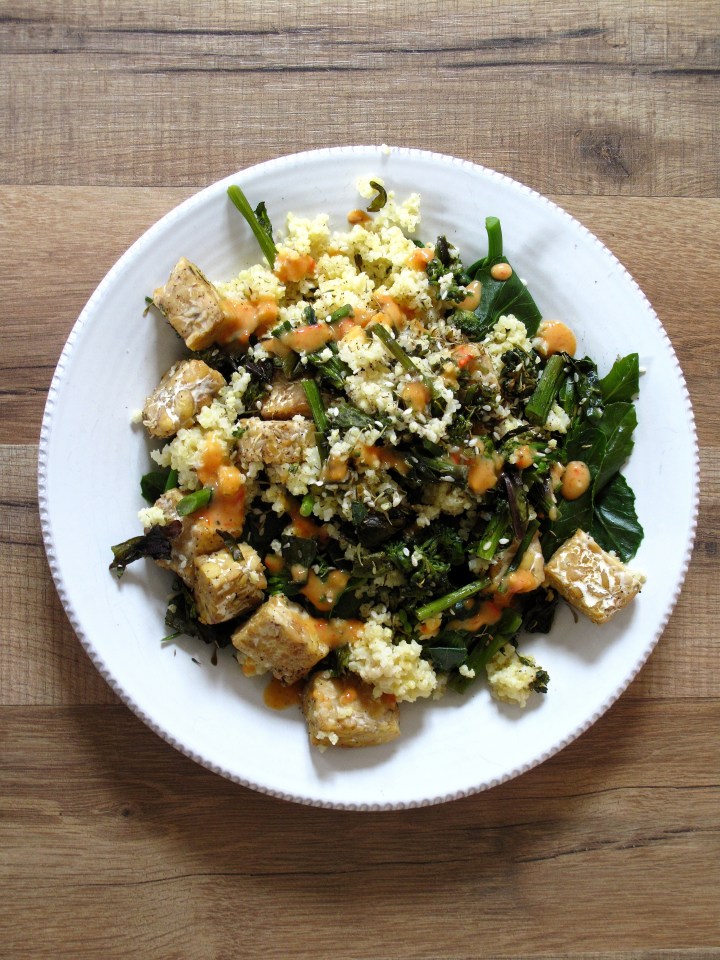 Sprouting Broccoli, Za’atar, Tempeh, + Harissa&nbsp;Yogurt