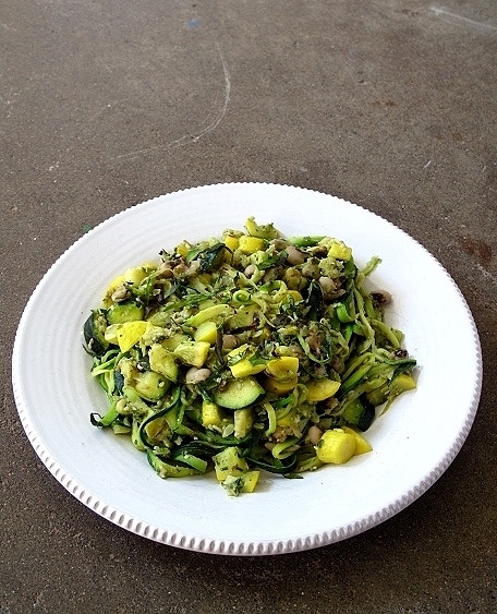zucchini noodles, crookneck squash, garlic +&nbsp;pesto