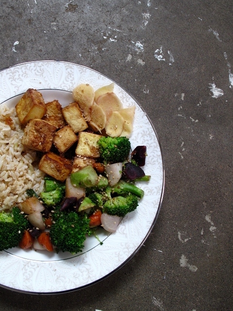 sesame garlic tofu + rice bowl with pickled&nbsp;ginger