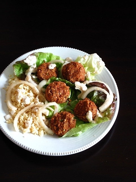 Red Lentil Falafel with Millet, Lemon Ginger Dressing + Quick-Pickled&nbsp;Onions