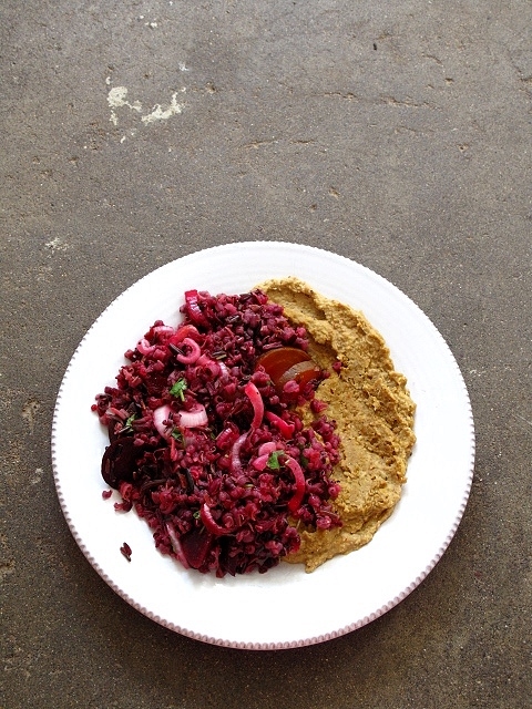 sprouted wild rice + beet salad with muhammara bean&nbsp;puree